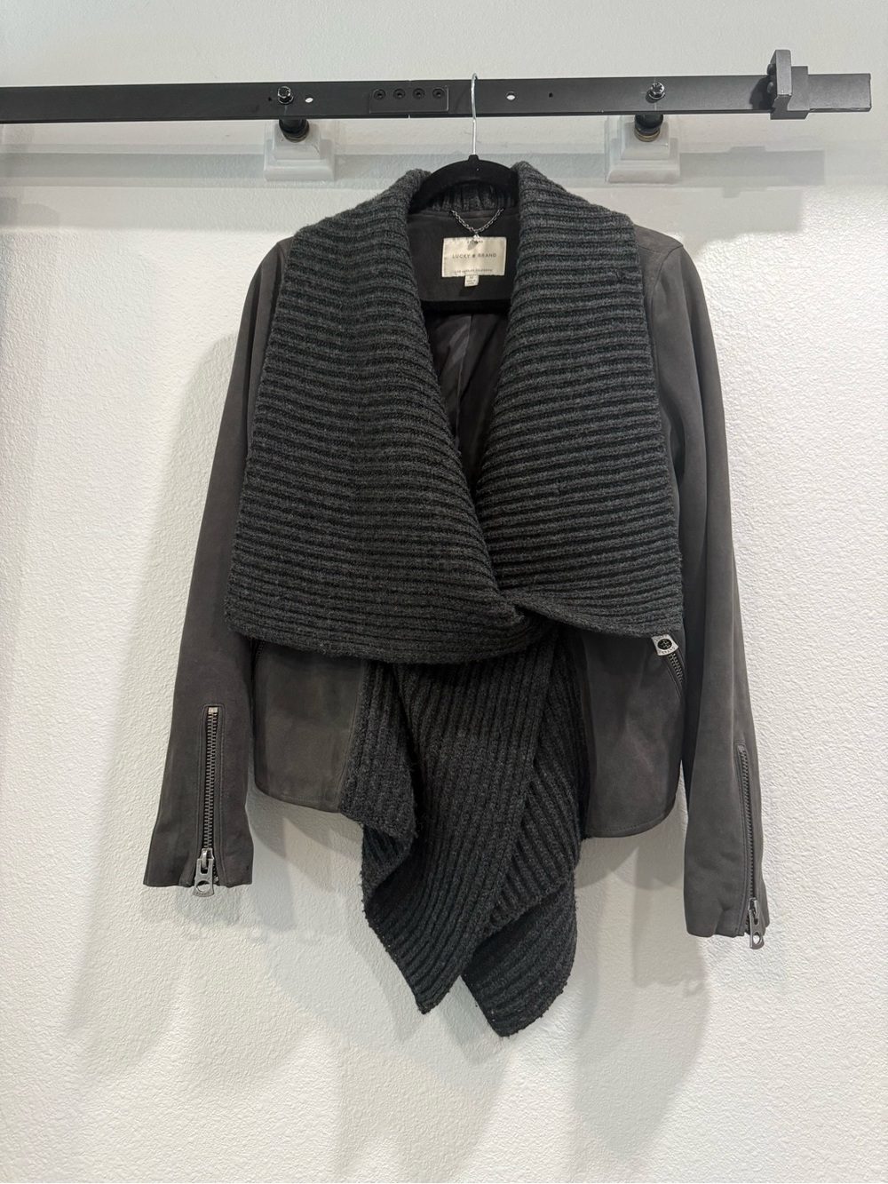 Lucky Brand Soft Black Sueded Leather Jacket with Draped Ribbed Collar. EUC